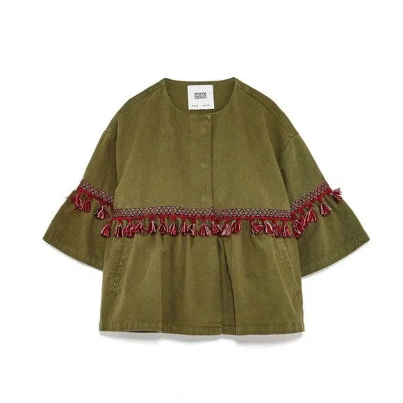 ZARA BASIC DEPT DENIM EUC Z1975 OLIVE GREEN TASSELS JACKET SIZE XS - Picture 2 of 9